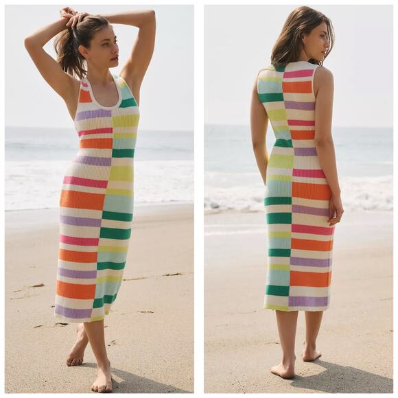 Anthropologie Dresses & Skirts - Anthropologie Flat White Striped Knit Midi Dress Size Large Multi Color Boho